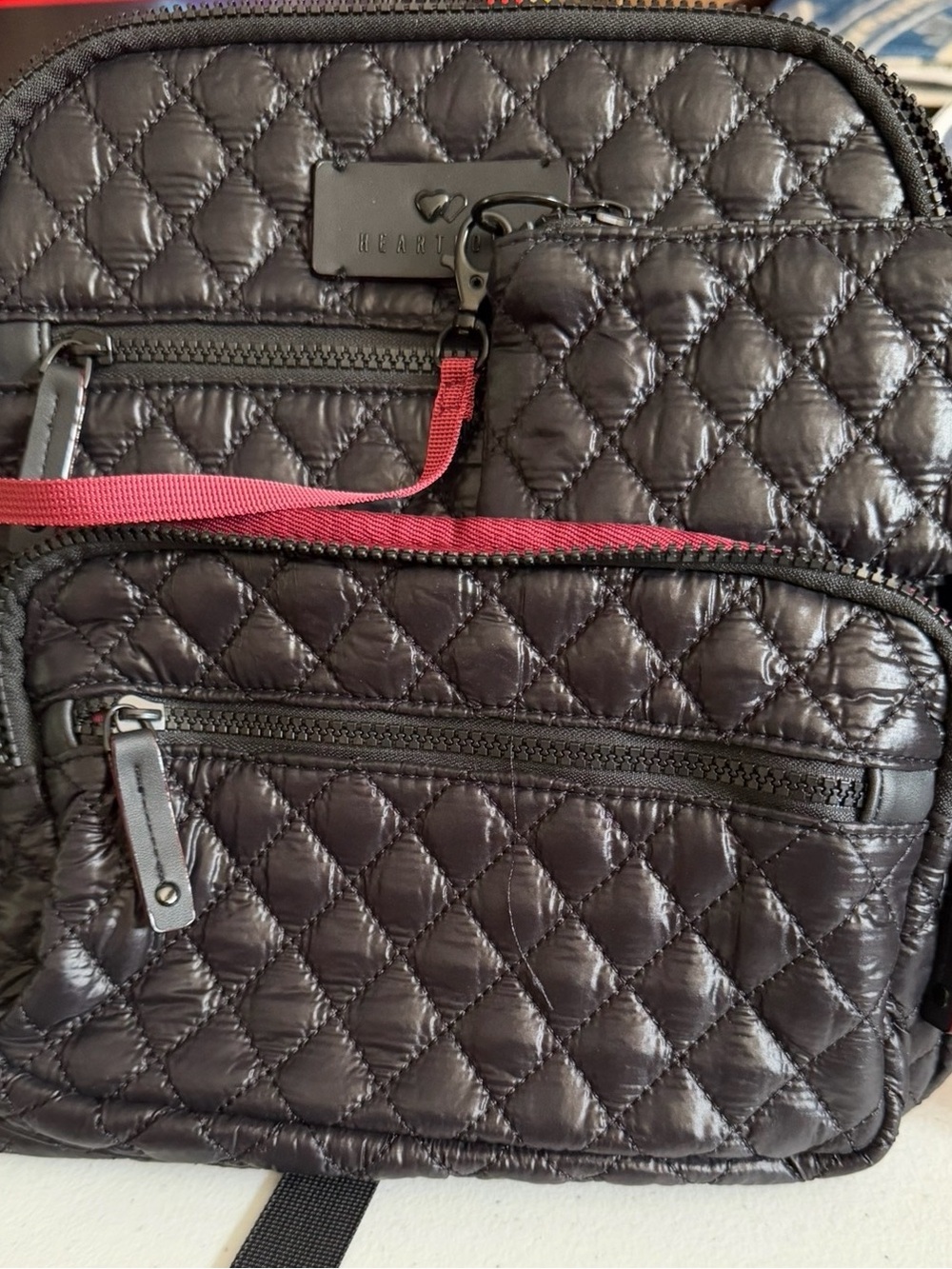 Heartlove Quilted Black Backpack Crossbody with Red Accent Strap